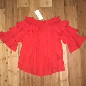 Artelier Nicole Miller Red Silk Off-Shoulder Top